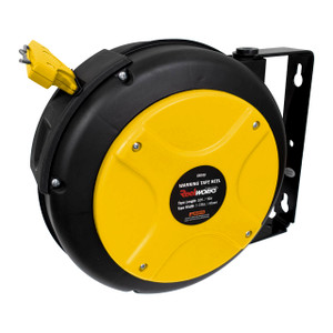 Reelworks Retractable Warning Tape Reel, Black/Yellow Tape, 52 ft.