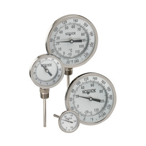 NOSHOK 300 Series 5 in. Dial Bimetal Thermometer w/ External Reset, Dial, 1/2 in. NPT Back Mount, 6 in. L Stem, 0° to 150° C