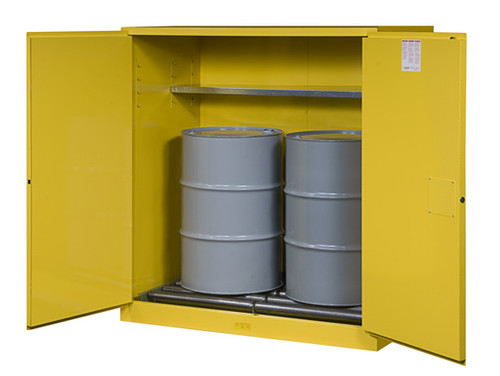 Justrite Yellow Vertical Drum Storage Cabinet with Rollers - Manual Close