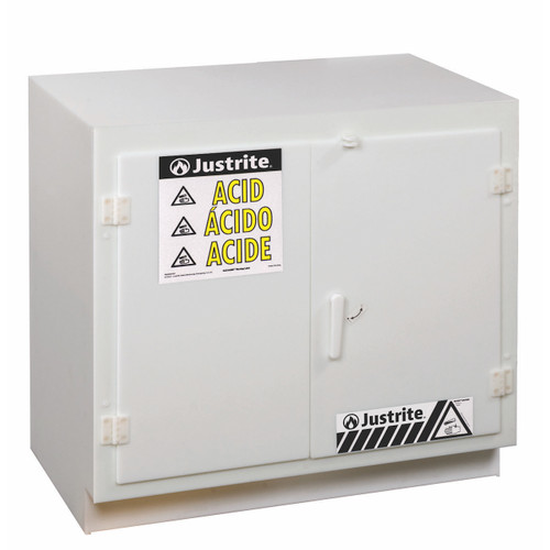 Justrite White Solid Polyethylene Cabinets for Acids - 2 Door Undercounter - Thirty-six 2.5 liter bottles