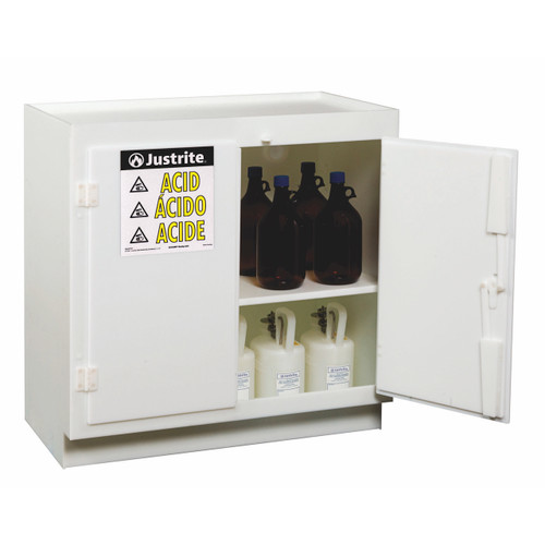 Justrite White Solid Polyethylene Cabinets for Acids - 2 Door Stand Alone -  Thirty-six 2.5 liter bottles
