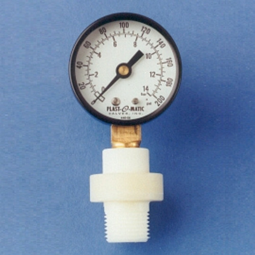 Plast-O-Matic Series GGME 1/4 in. x 1/2 in. NPT Miniature Viton Gauge Guard with 2 1/2 in. Face SS Pressure Gauge - 0-15 PSI