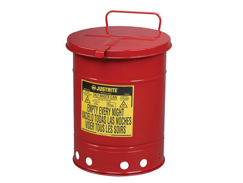 Justrite 09510 14 Gal Oily Waste Can w/ Hand Operated Cover (Red)