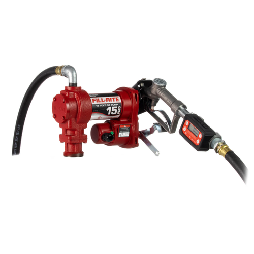 Fill-Rite FR1219H Heavy Duty 12V DC Fuel Transfer Pump w/ Manual Nozzle & In-Line Meter - 15 GPM