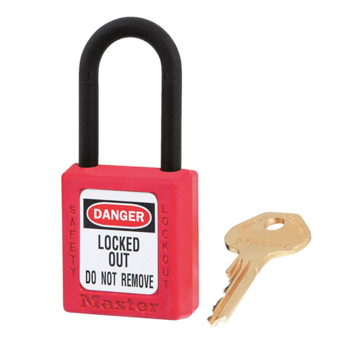 Master Lock 406RED Red Dielectric Zenex Thermoplastic Padlock, 1-1/2 in. W w/1-1/2 in. Tall Nylon Shackle, Keyed Different