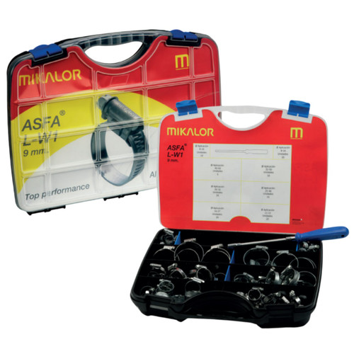 Mikalor Clamps LLC 03503201 8-60 mm Galvanized Steel W1 ASFA-L 9 mm Hose Clamp Assortment Box - Box Qty 110
