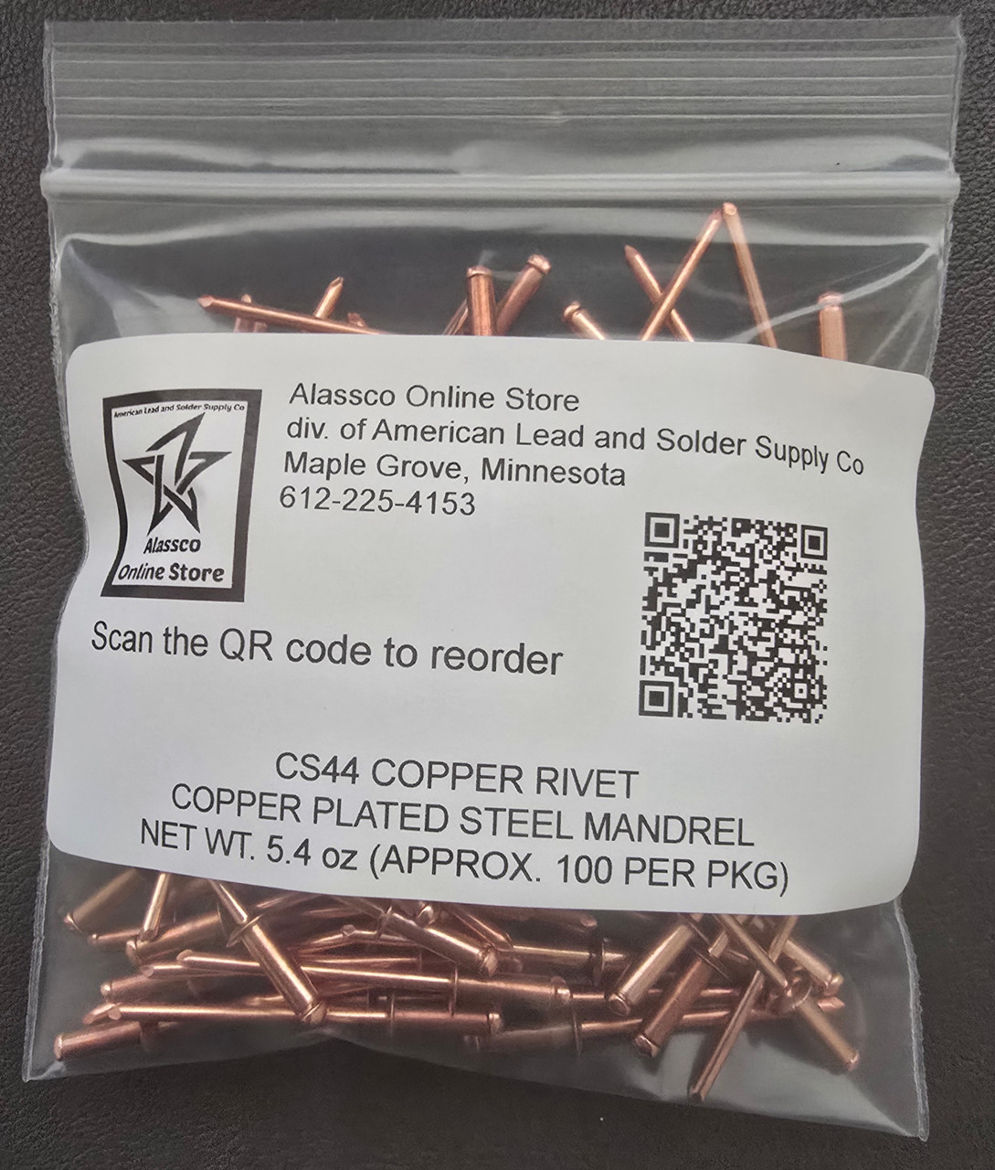 COPPER RIVET COPPER PLATED STEEL MANDREL BLIND BUTTON HEAD RIVET #44 100 pkg