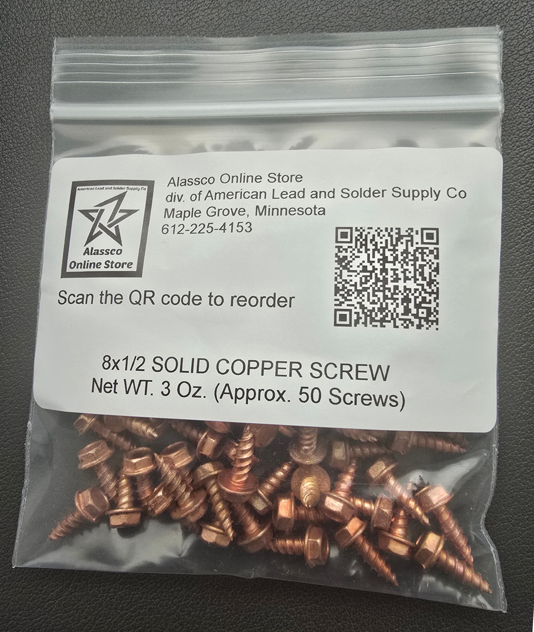 8x1-2 Solid Copper Hex Head Sheet Metal Screw Pkg 50