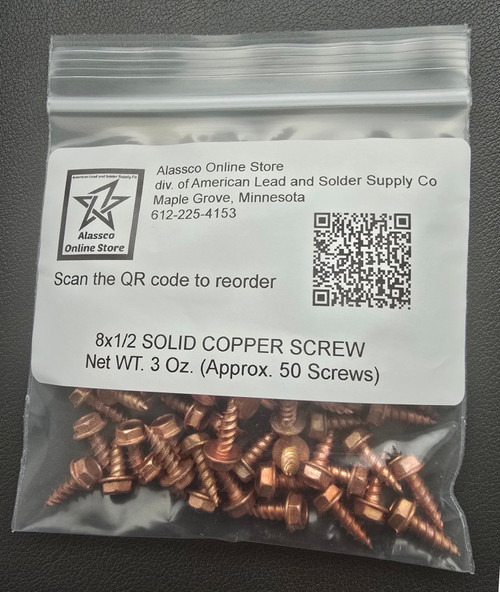 8x1-2 Solid Copper Hex Head Sheet Metal Screw Pkg 50