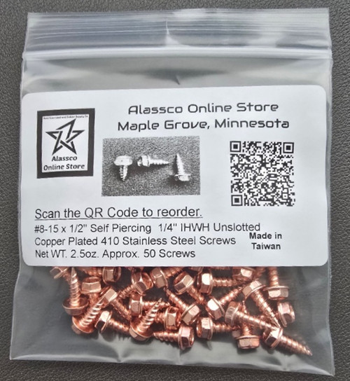 8 x 1/2 Self-Piercing Copper-Plated 410 Stainless Screws 50 PKG