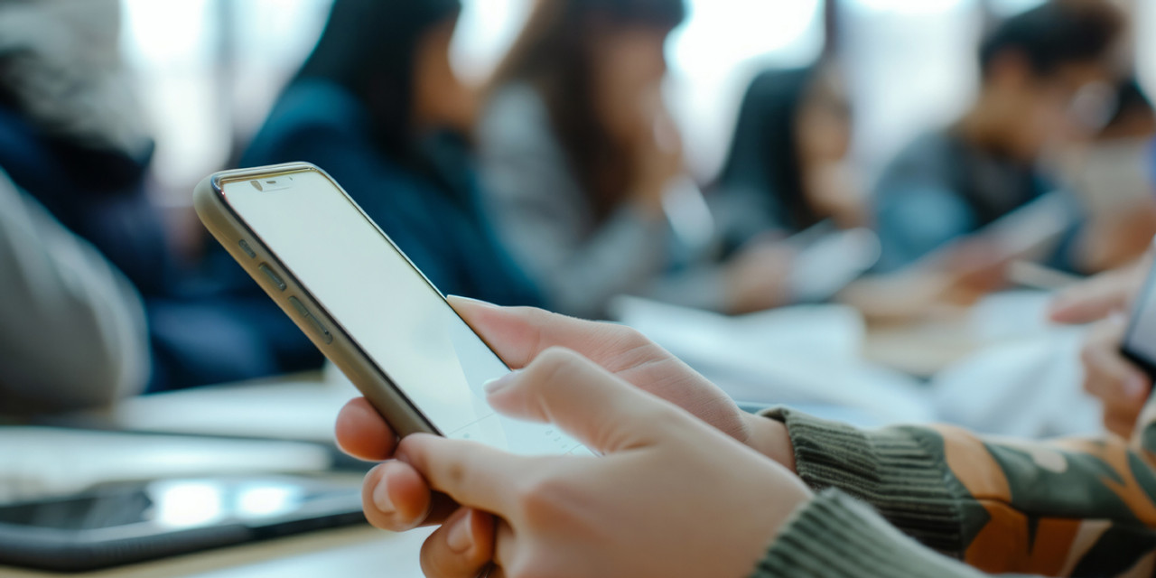Close-up of a person holding and using a smartphone in a classroom setting, with other students blurred in the background also using phones