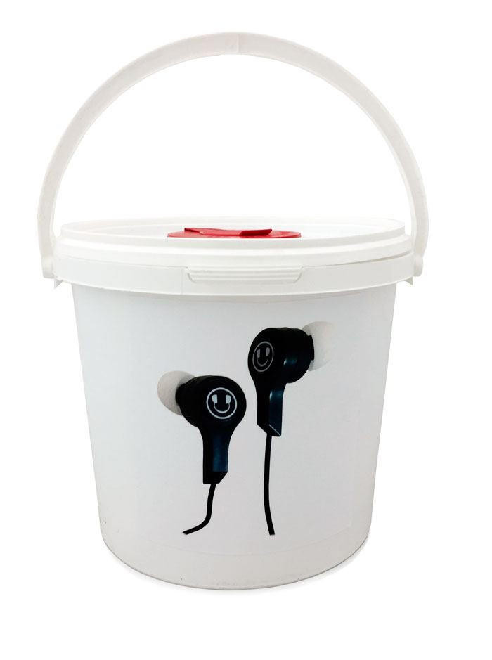 Bucket of Bulk Disposable Earbuds 100 pcs. Red White & Blue Mix