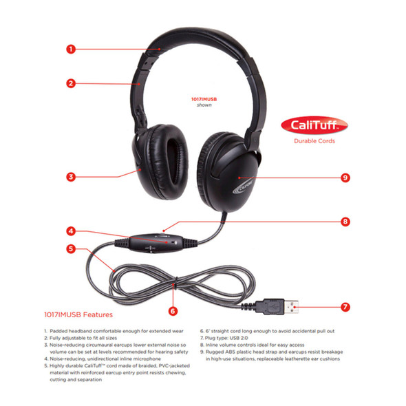  Califone NeoTech Plus 1017IMUSB Premium, Over-Ear Stereo Headset with Inline Microphone, USB Plug, Black 