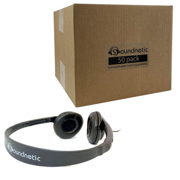 Soundnetic SN-313 Classroom Over the Head Stereo Low-Cost Headphones with Leatherette Earpads, Black (50 Pack) 