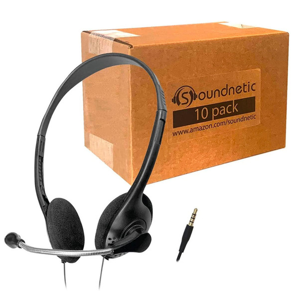  Soundnetic Disposable Stereo Classroom Headset with 3.5mm Plug and Boom Microphone 10 Pack, Black 