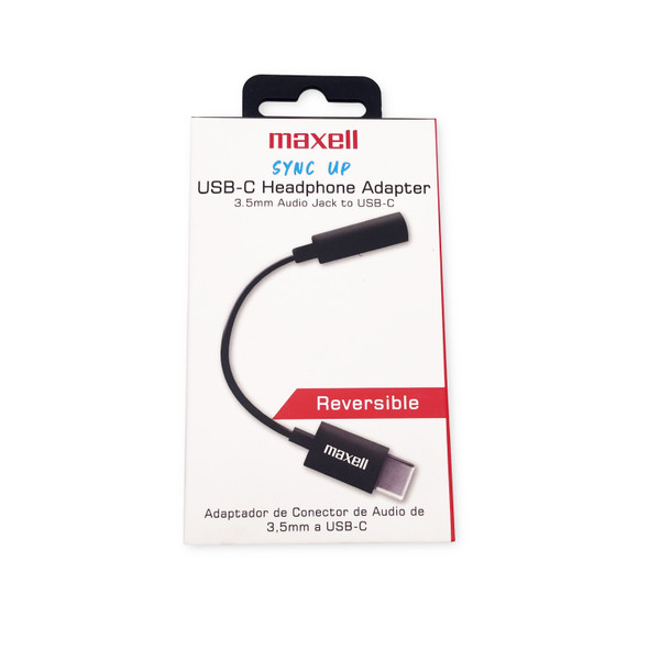 Maxell Sync Up USB-C Headphone Adapter, 3.5mm Audio Jack to USB-C, Reversible, Black