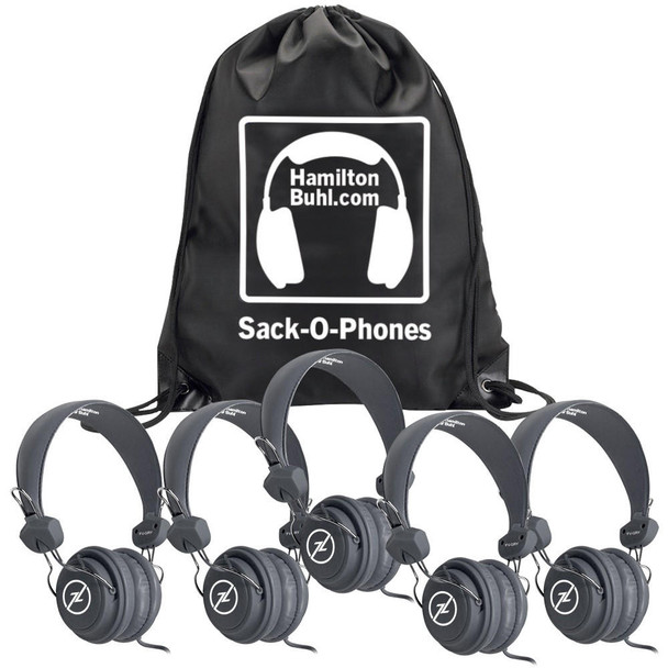  HamiltonBuhl Sack-O-Phones, 5 Gray Favoritz™ Headsets with In-Line Microphone and TRRS Plug 