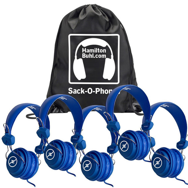  HamiltonBuhl Sack-O-Phones, 5 Blue Favoritz™ Headsets with In-Line Microphone and TRRS Plug 