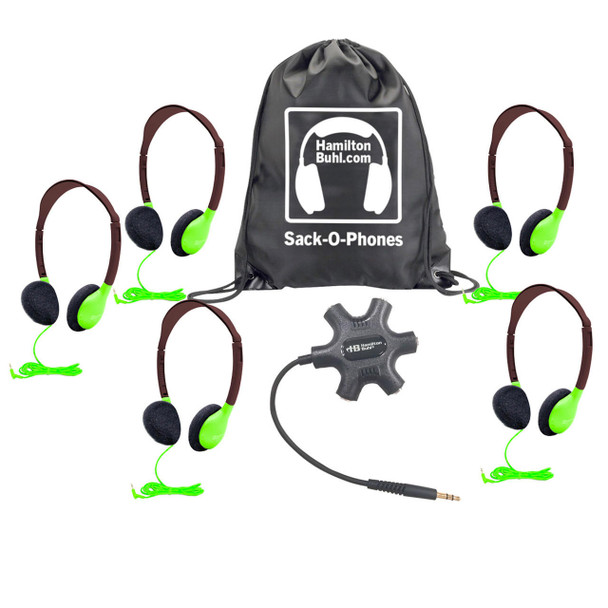 HamiltonBuhl Galaxy Econo-Line of Sack-O-Phones with 5 Green Personal-Sized Headphones, Starfish Jackbox and Carry Bag 