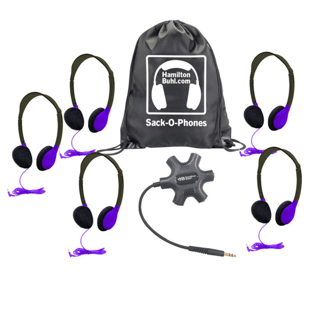 HamiltonBuhl Galaxy Econo-Line of Sack-O-Phones with 5 Purple Personal-Sized Headphones, Starfish Jackbox and Carry Bag 