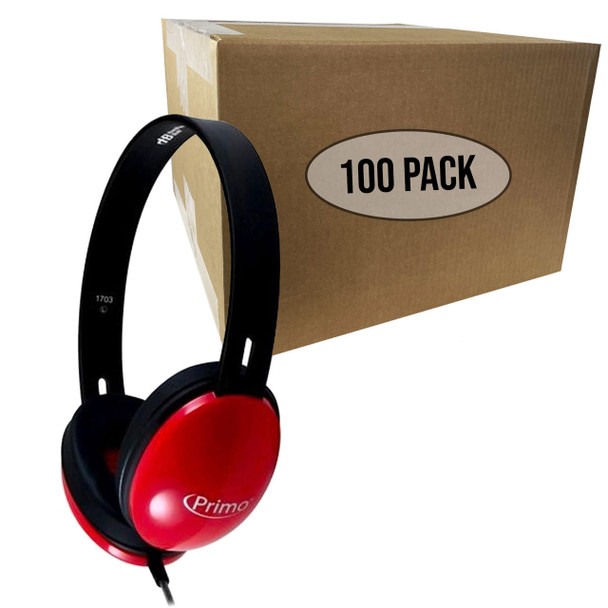  HamiltonBuhl Primo Stereo School Headphones, Red, 100 Pack 
