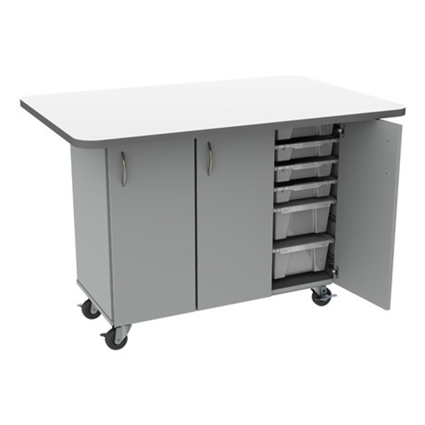 BERPL Shapes Series Triple-Wide Mobile Workstation w/ Whiteboard Top & Doors (12 Small & 6 Large Bins)