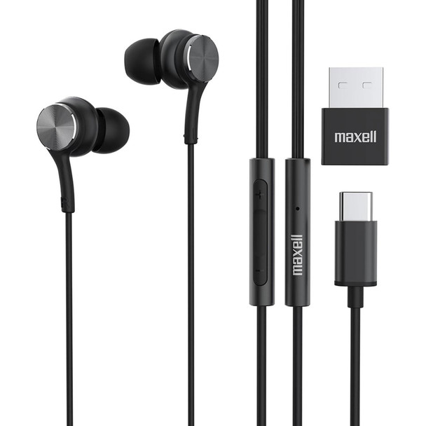 Maxell USB-C Wired Earbuds with USB-A Adapter, Built-in Microphone with Volume and Track Control
