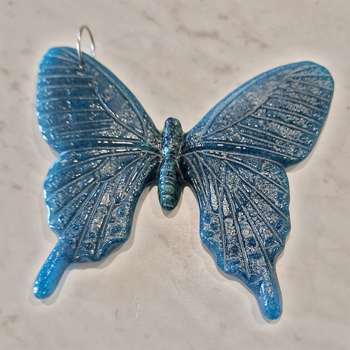 Fused/ glass cast large glass swallowtail butterfly yard ornament in blue