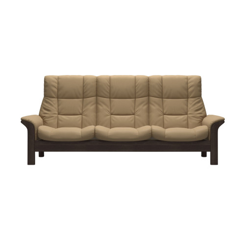 The Buckingham 3-Seat high-back sofa in Sand Paloma leather with Wenge stained wood. 