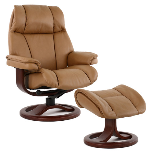 Fjords General Recliner and Footstool- Hassel Soft Line Leather with Walnut Wood.