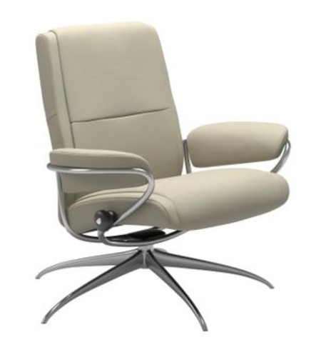 Shiny chrome base supports this Stressless Paris Low-back reclining chair. Shiny chrome base supports this Stressless Paris Low-back reclining chair.