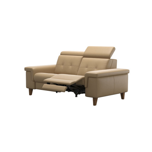 The Stressless Anna Powered Loveseat with A2 Arms in Sand Paloma leather with Teak Wood Cone Legs.