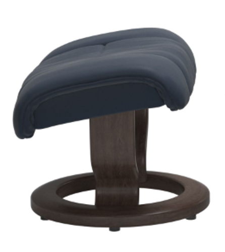The Stressless Reno Ottoman with the Classic base in Oxford Blue Paloma leather with a Wenge stained wood.  The Stressless Reno Ottoman with the Classic base in Oxford Blue Paloma leather with a Wenge stained wood.