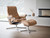 Stressless Royal Chair and Ottoman- Shown in Almond Paloma leather with Cross base. Stressless Royal Chair and Ottoman- Shown in Almond Paloma leather with Cross base.