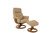 The Fjords Anne R Base Small Recliner and ottoman in Softline Cigar leather with a Walnut wood stained base. 