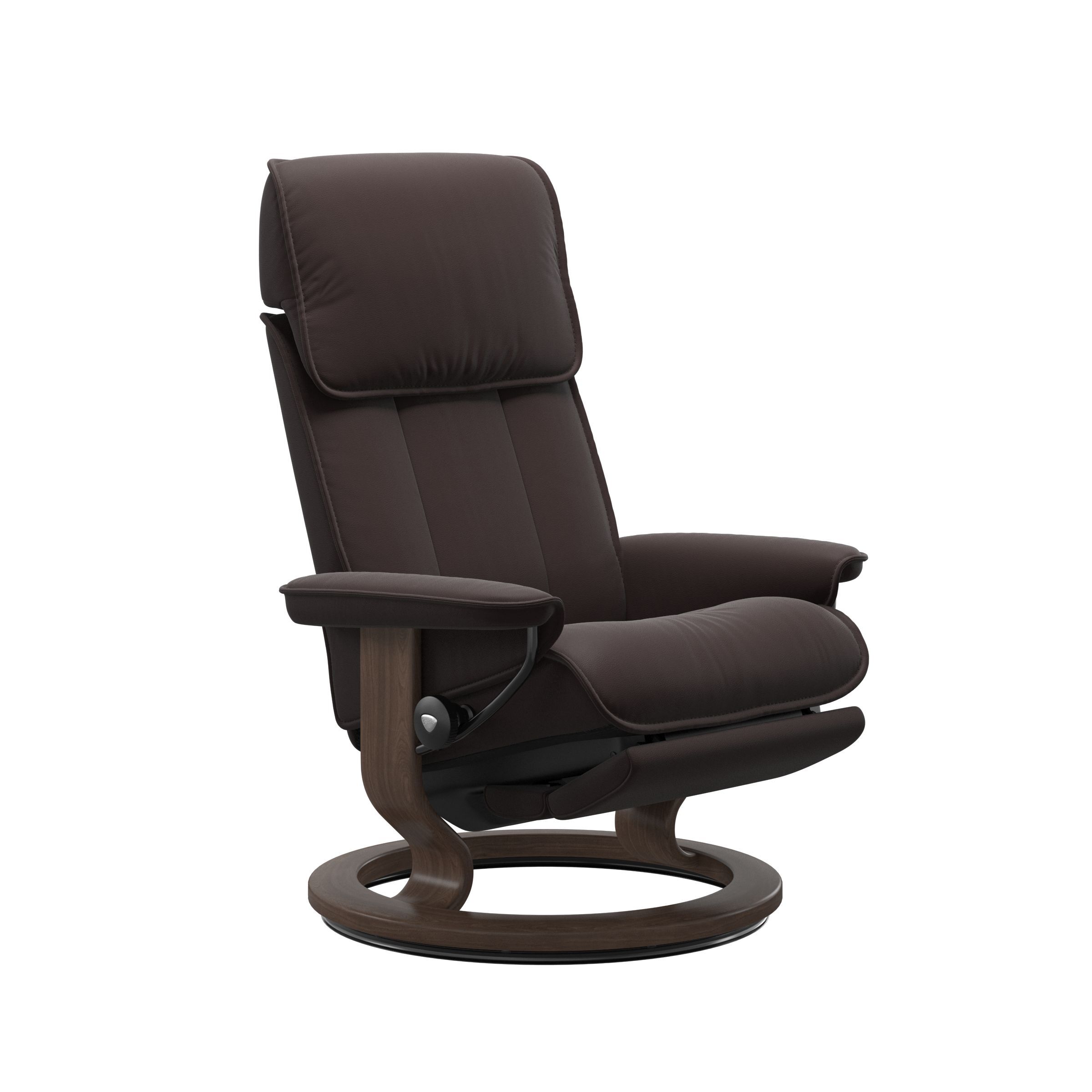 The Stressless Admiral Powered Recliner in Chocolate Paloma with a Walnut stained base. 