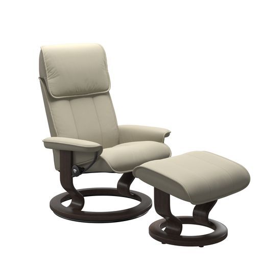The Admiral recliner and ottoman in Light Grey Paloma leather with a Wenge stained classic base. 