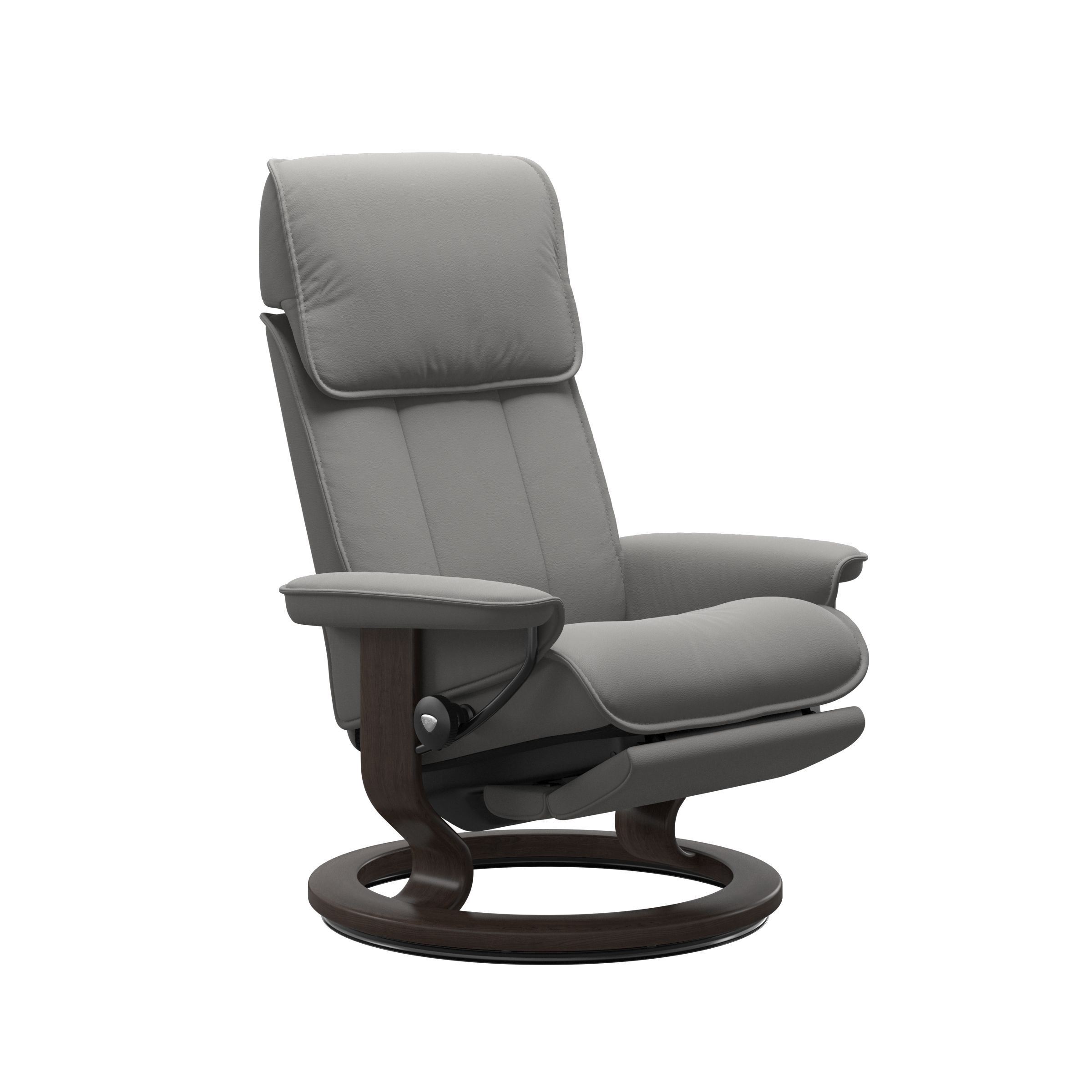 The Stressless Admiral Power Recliner in Silver Grey Paloma leather and a Wenge stained base. 
