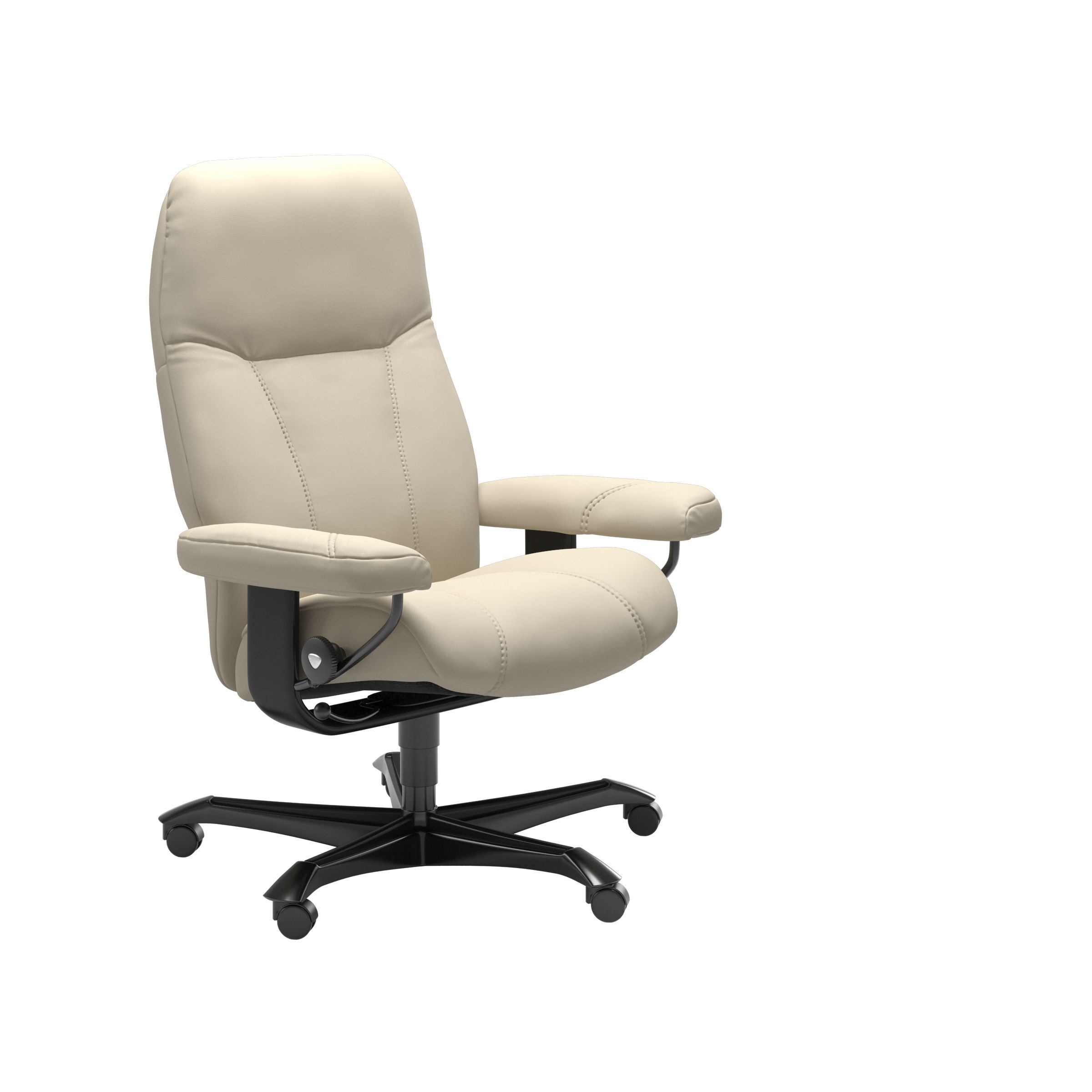 The Stressless Consul office chair in Cream Batick leather with a Black stained base. 