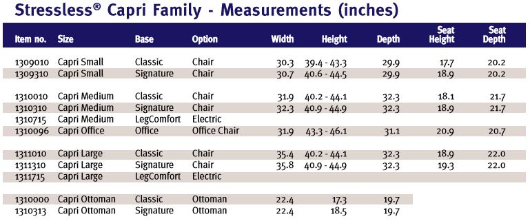 Stressless Capri Dimensions and Measurements