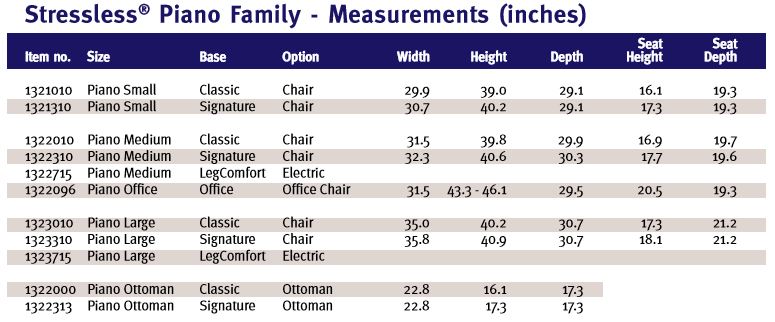 Dimensions for Stressless Piano Recliner and Ottoman.