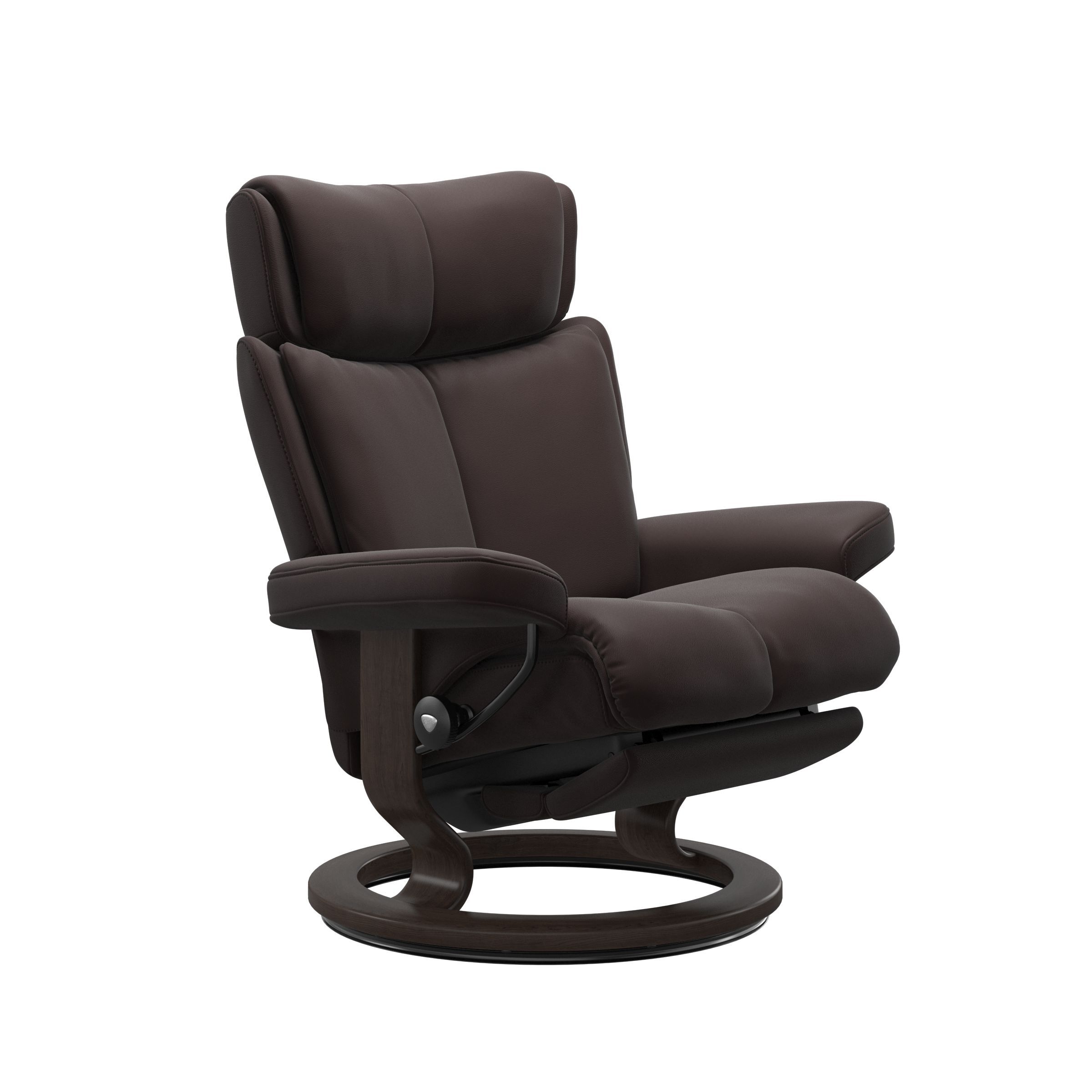 The Stressless Magic Powered recliner in Chocolate Paloma leather with a Wenge stained base.