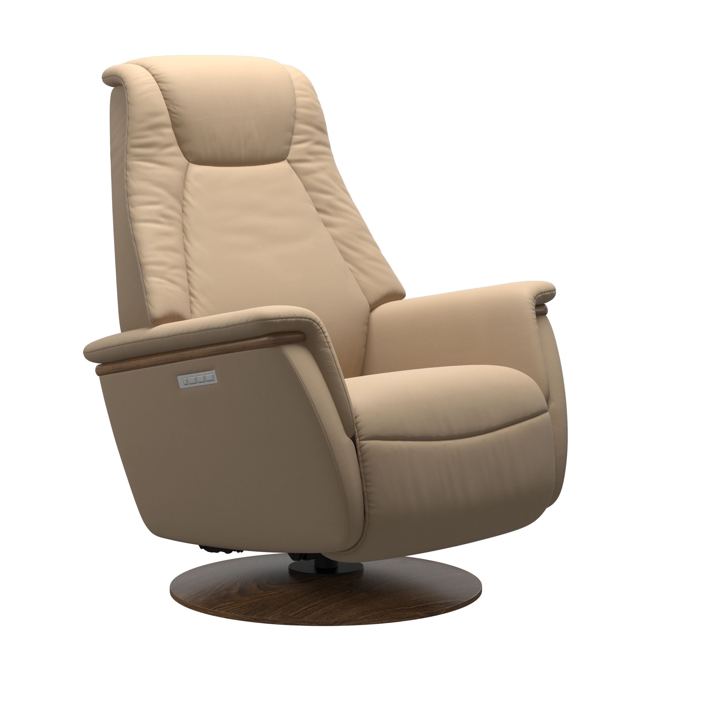 The Stressless Max Powered Rocker Swivel Recliner in Beige Paloma leather with Teak Stained wood. 