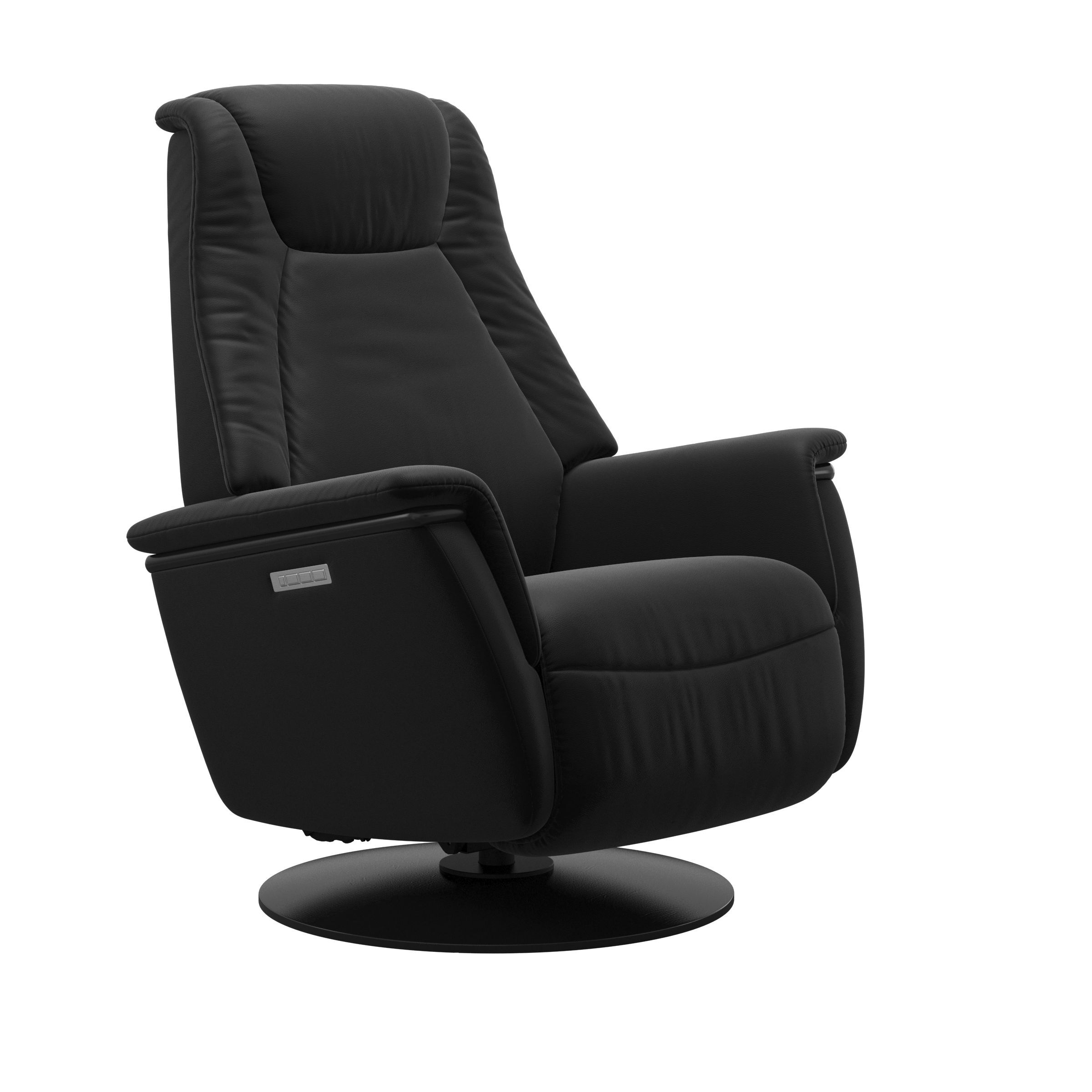 The Stressless Max Powered Swivel Rocker Recliner in Black Paloma leather with a Black Stained Base. 