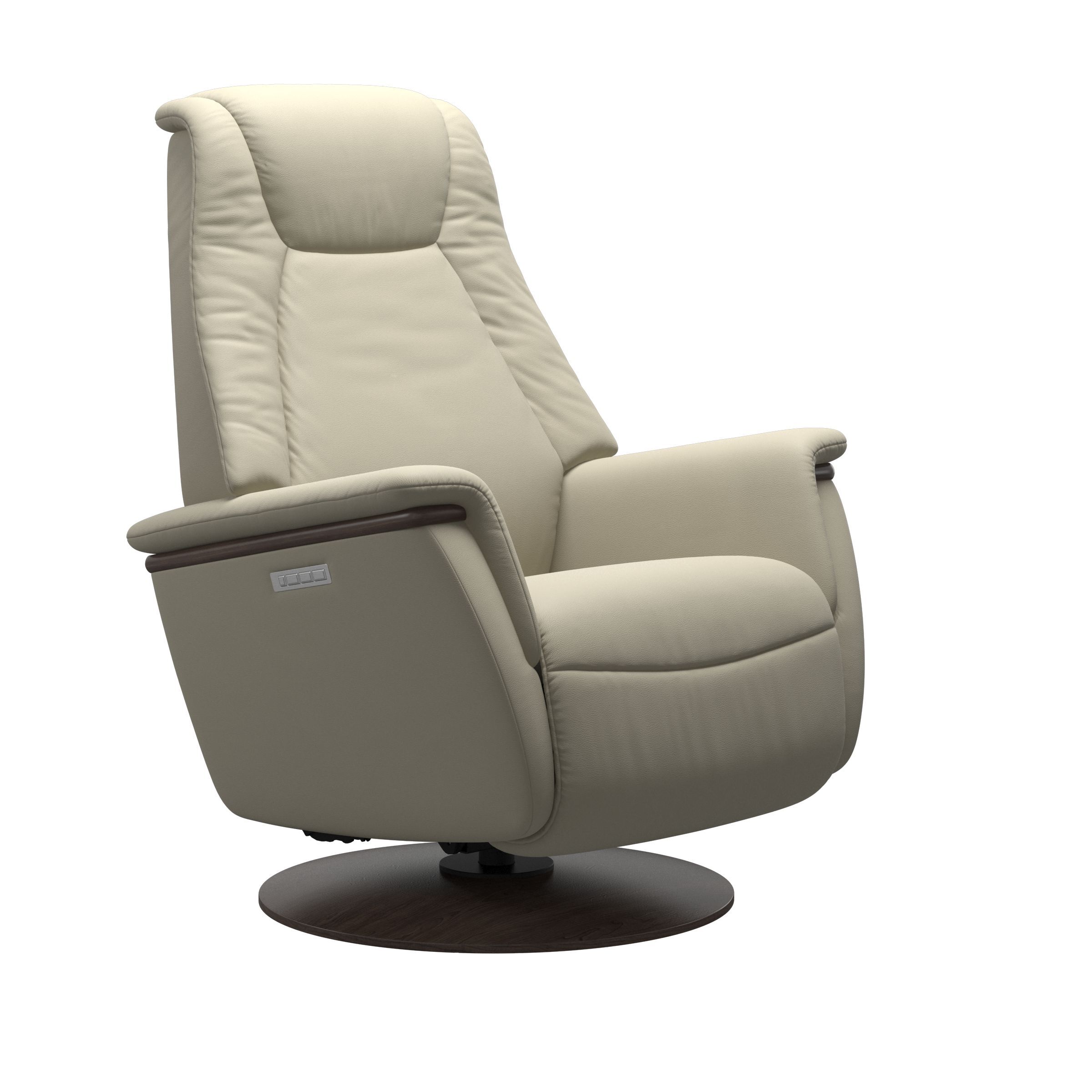 The Stressless Max Powered Swivel Rocker Recliner in Light Grey Paloma leather with a Wenge Stained Base. 