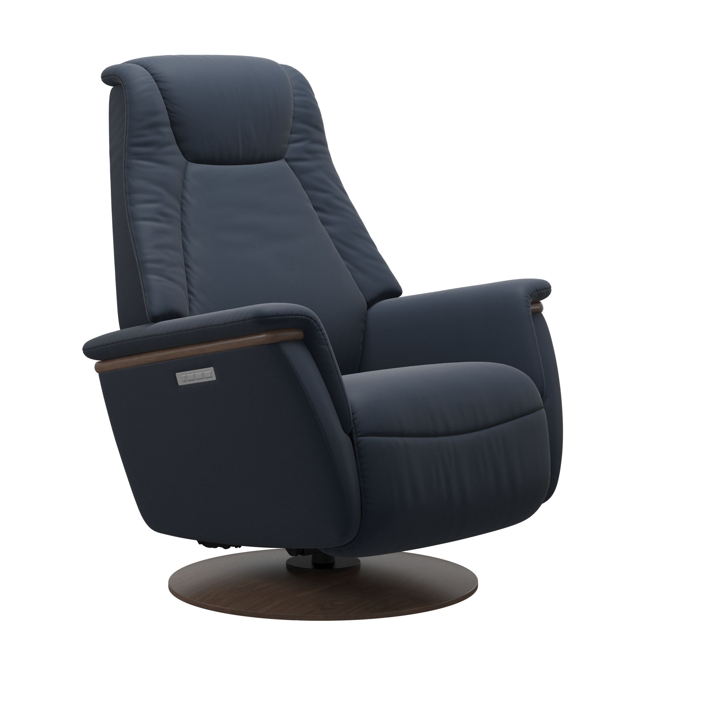 The Large Stressless Max Powered Swivel Rocker Recliner in Oxford Blue Paloma leather and Walnut stained wood. 