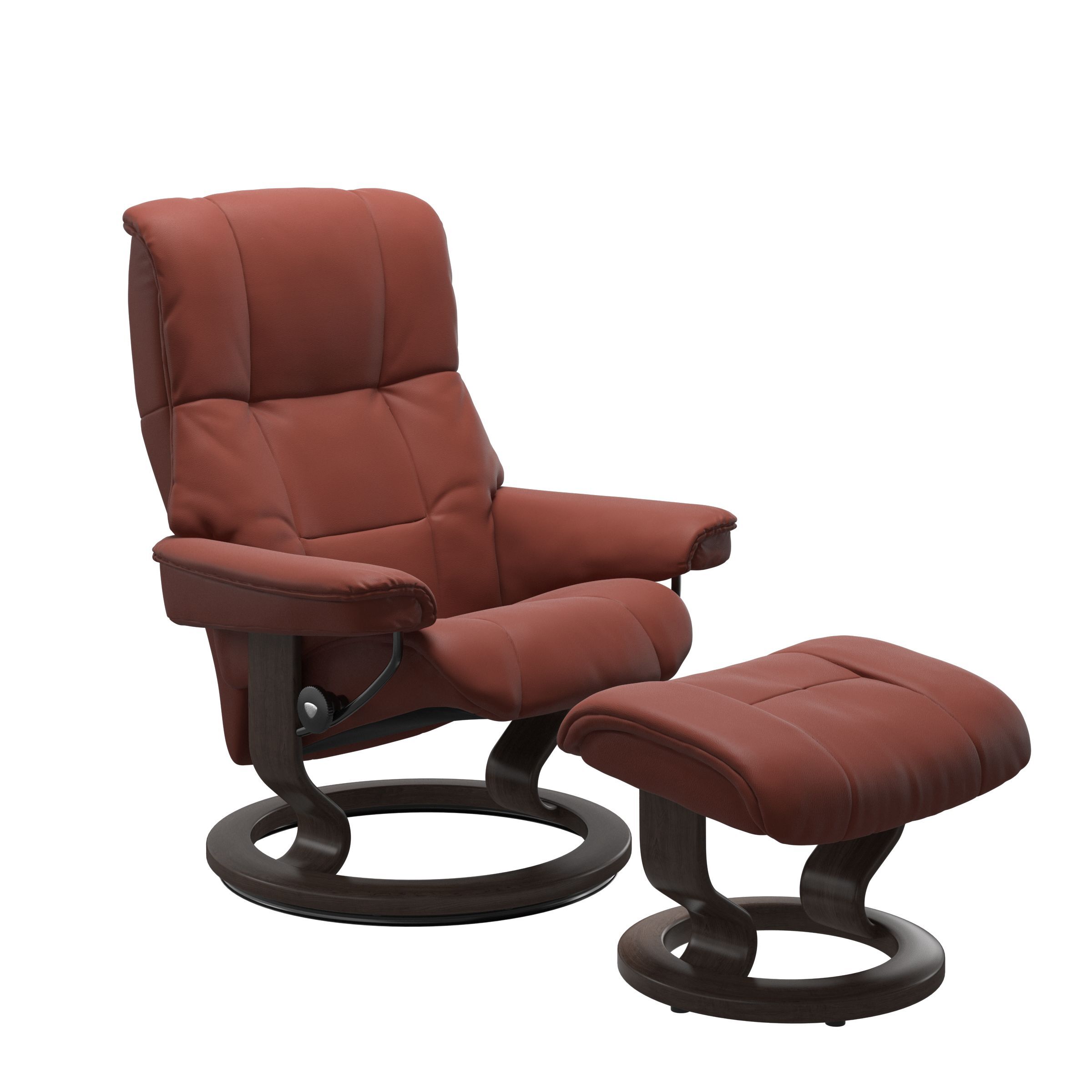 The Stressless Mayfair Recliner and Ottoman in Dark Henna Paloma leather with a Wenge stained classic base. 