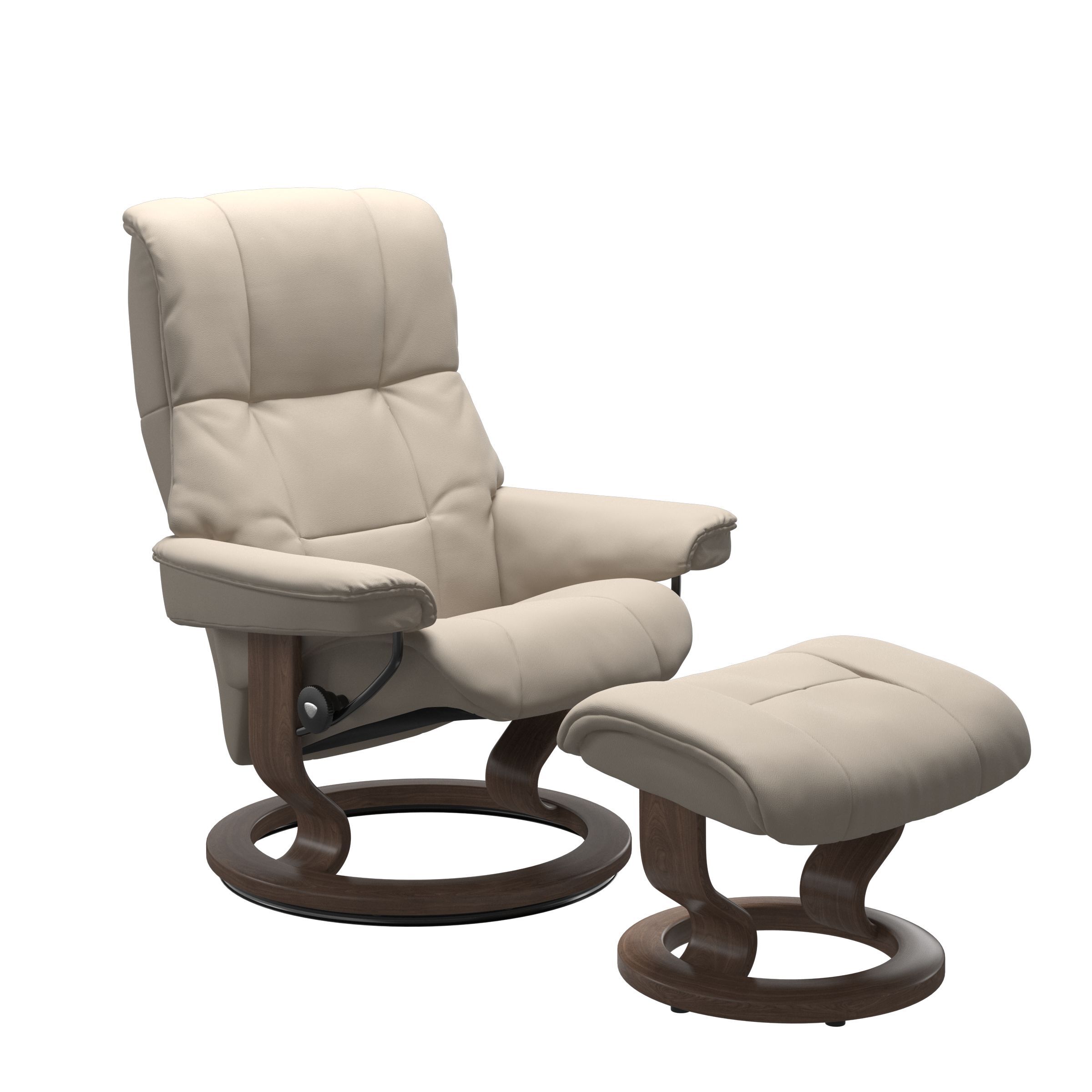The Stressless Mayfair in Fog Paloma leather with a Walnut Stained classic base. 