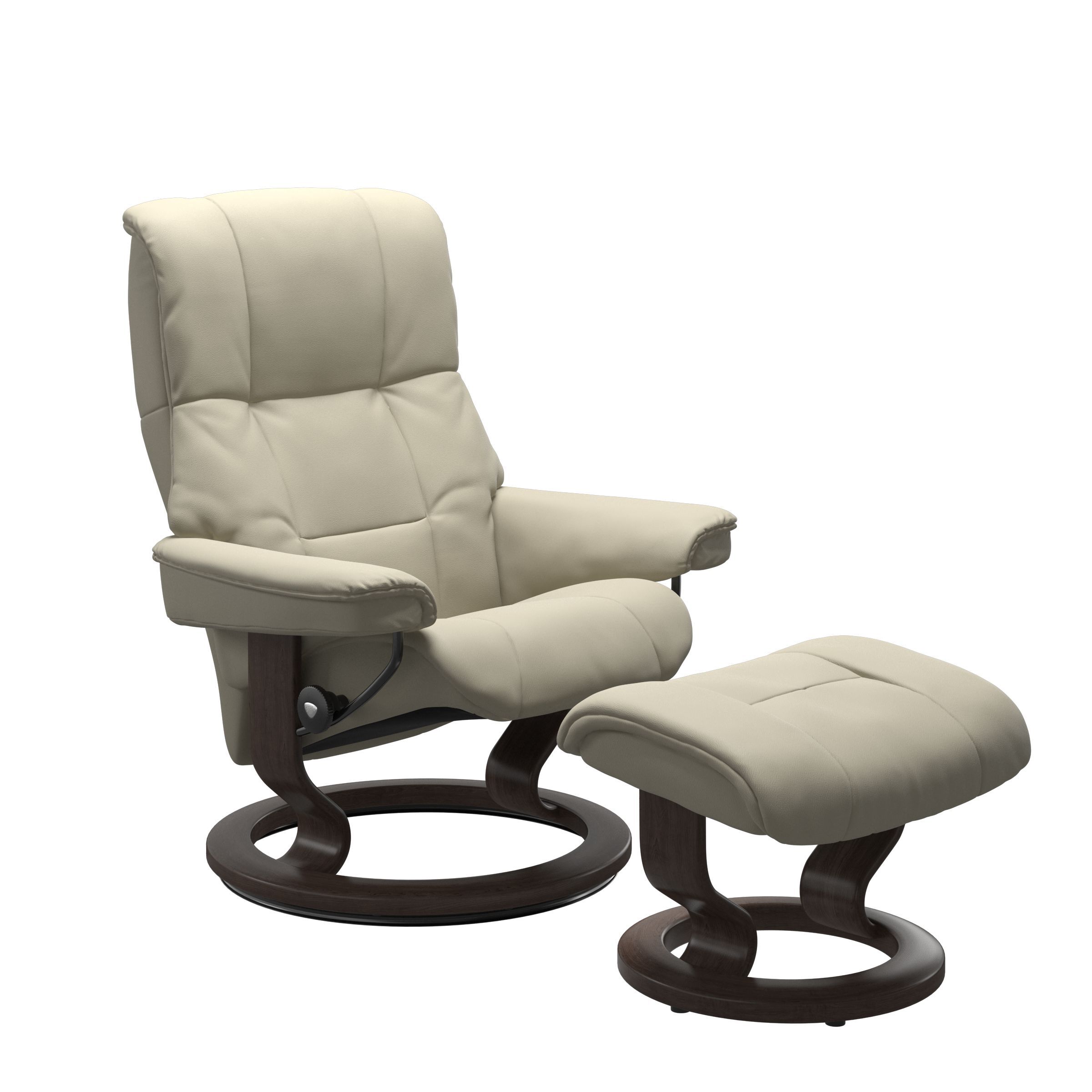 The Stressless Mayfair recliner and ottoman in Light Grey Paloma leather with a Wenge stained classic base. 