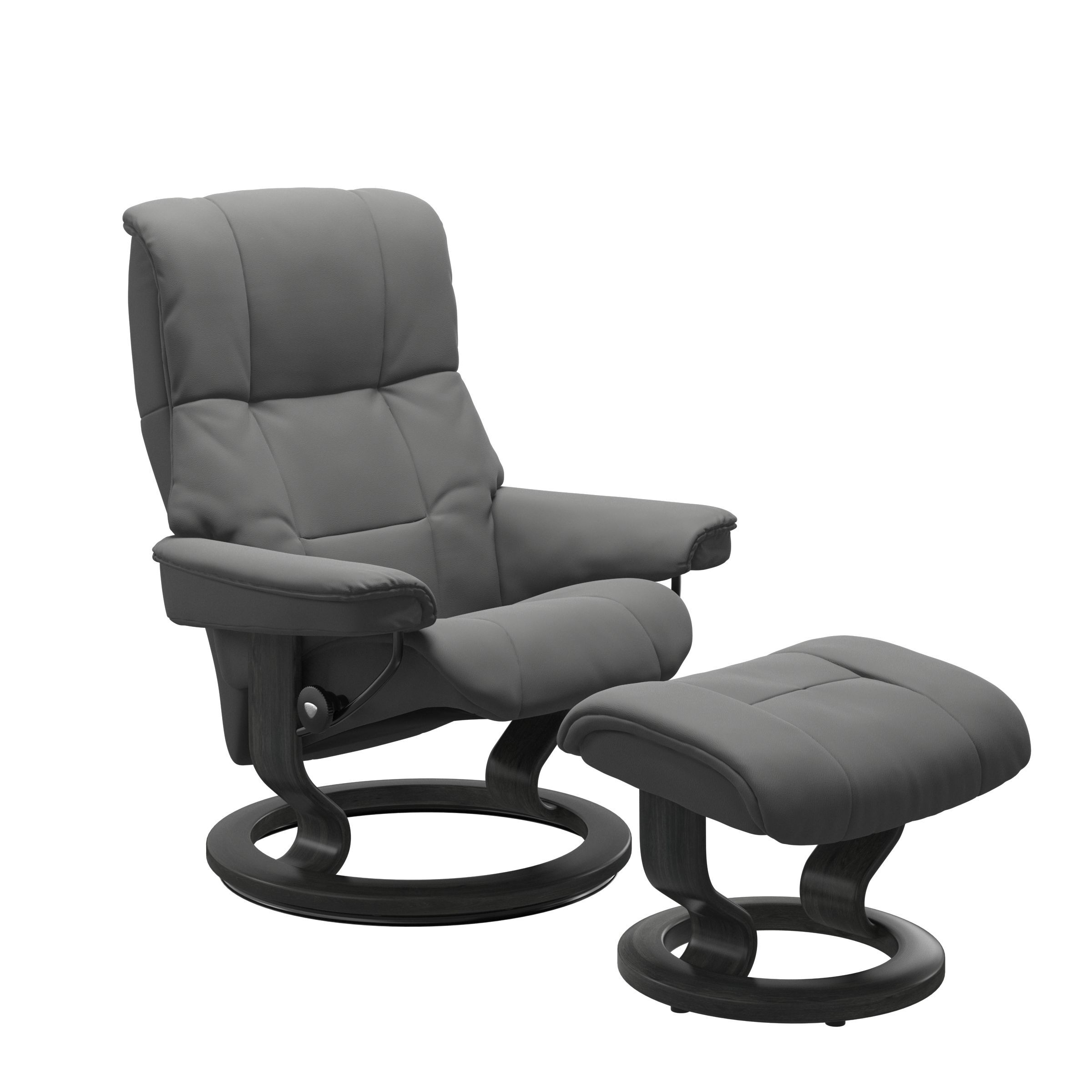 The Stressless Mayfair Recliner and Ottoman in Neutral Grey Paloma leather and a Grey Stained classic base. 